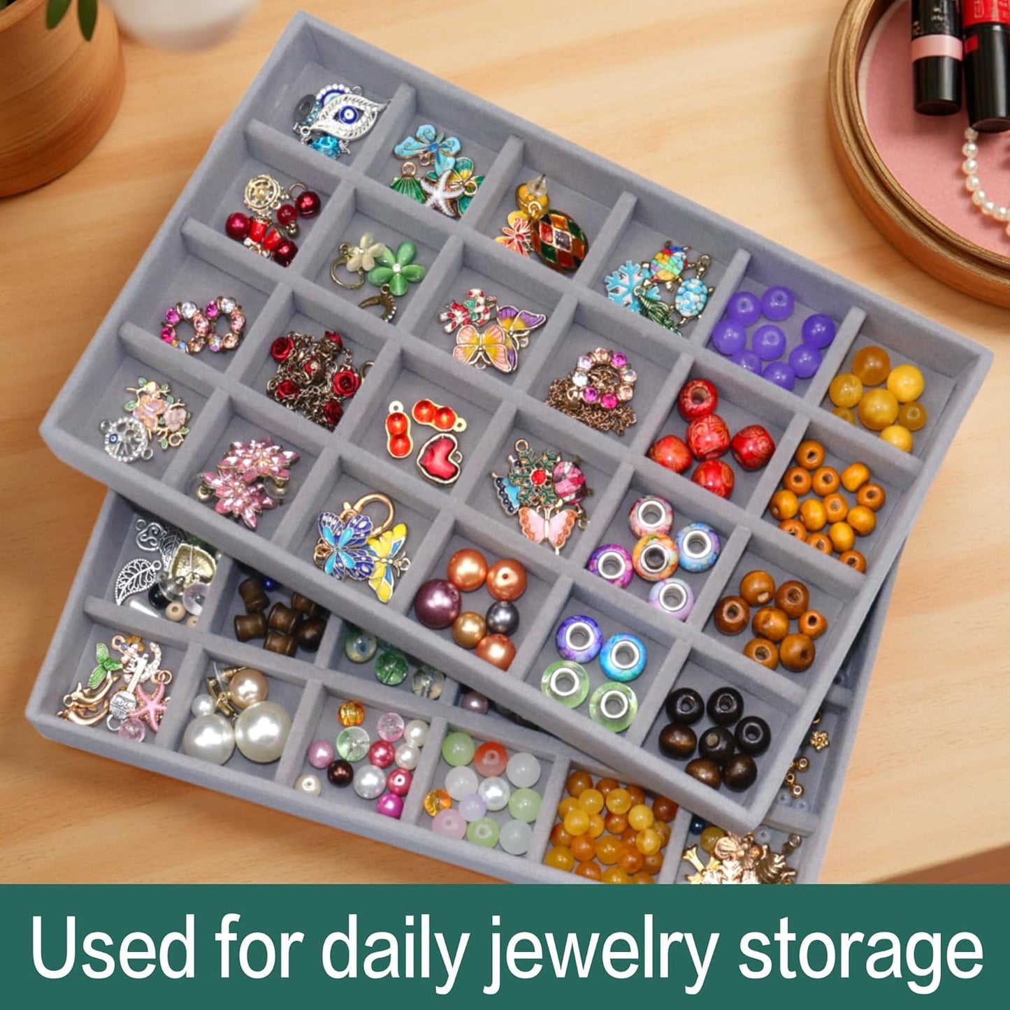 Stackable Jewelry Organizer Tray 24-Grid Velvet Jewelry Drawer Inserts Earring Organizer for Women Jewelry Display Box Case for Earring Rings Stud Necklaces (Set of 8, Grey