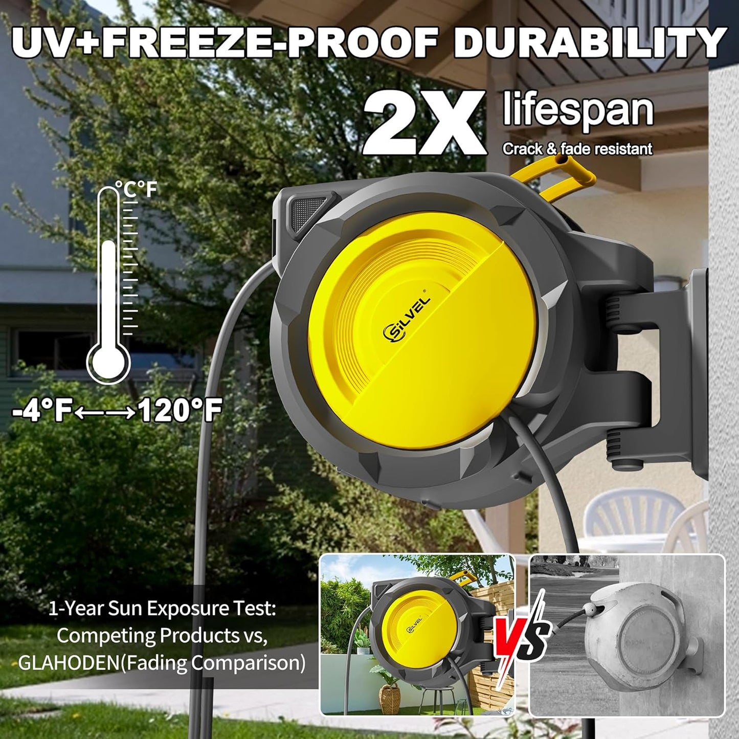 SILVEL Retractable Garden Hose Reel – 1/2 in x 150FT Heavy Duty Automatic Hose Reel Wall Mounted, UV Resistant with 10 Pattern Nozzle, Any Length Lock & Slow Return System, 180°Swivel Bracket, Yellow