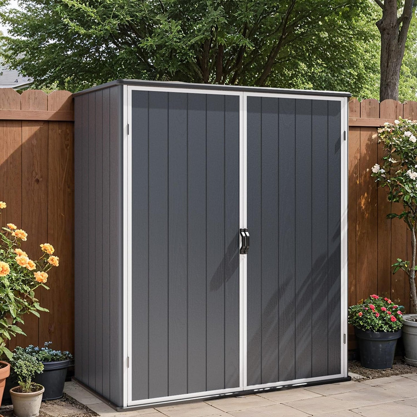 Patiowell Outdoor Storage Shed 5x3 FT, Plastic Garden Organizer Cabinet with Lockable Doors & Strong Roof for Patio Furniture, Pool Accessories, Lawn Tools, Dark Grey