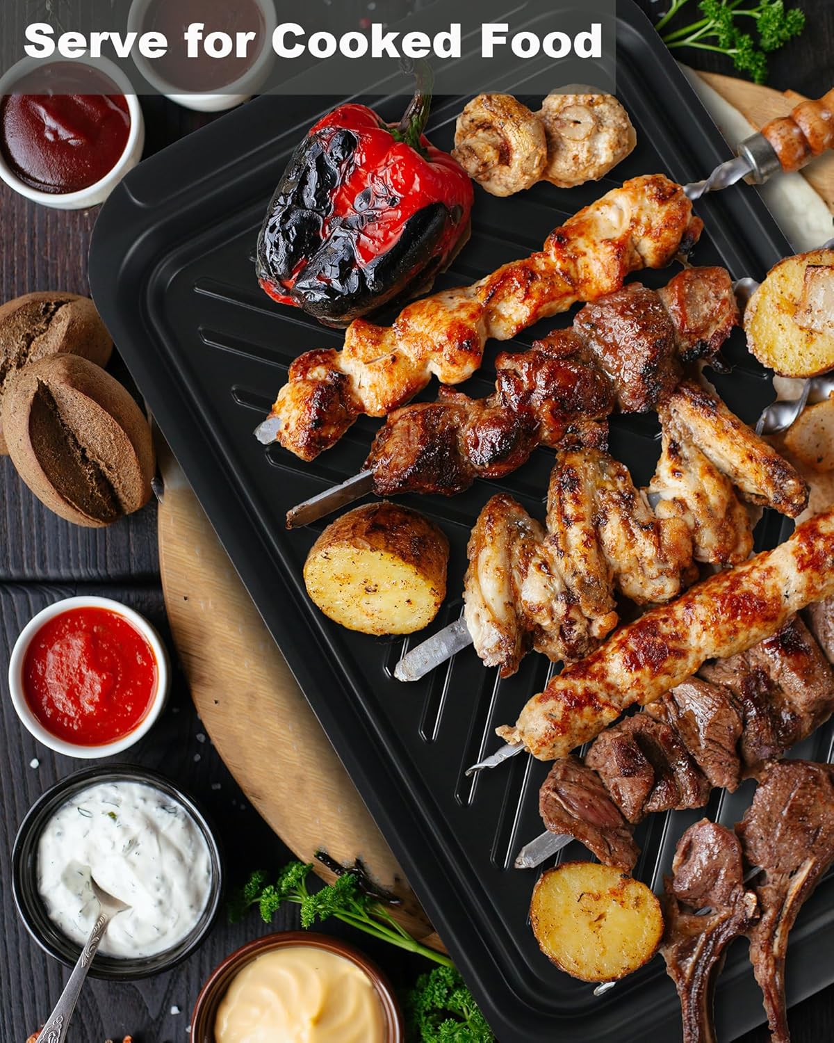 Grilling Prep and Serve Trays, BBQ Tray for Raw and Cooked Food, Melamine Serving Platter for Food, Set of 2, Black and White, Napkin and Cleaning Clothes Included