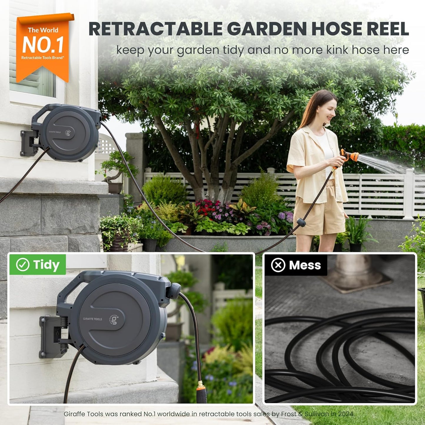Giraffe Tools PRO Heavy Duty Retractable Garden Hose Reel - 78ft 1/2 Inch Auto Rewind with Any-Length Lock, Wall Mounted Metal Bracket, Commercial Grade for Patio & Lawn (Dark Grey)