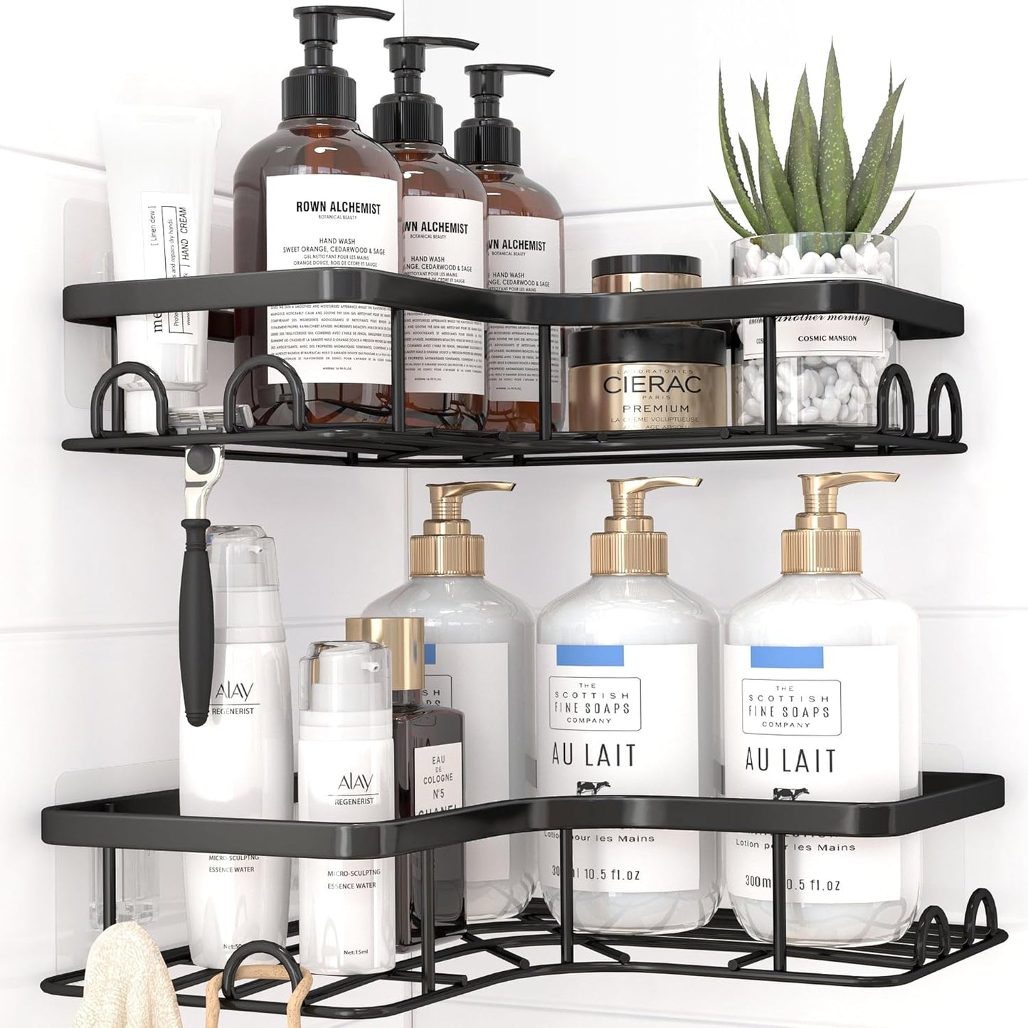 Corner Shower Caddy - 2 Pack, Adhesive Shower Organizers, Rustproof Stainless Steel Shower Shelves with 8 Hooks, No Drilling Bathroom Organizers and Storage Racks, Space-Saving, Black,Medium