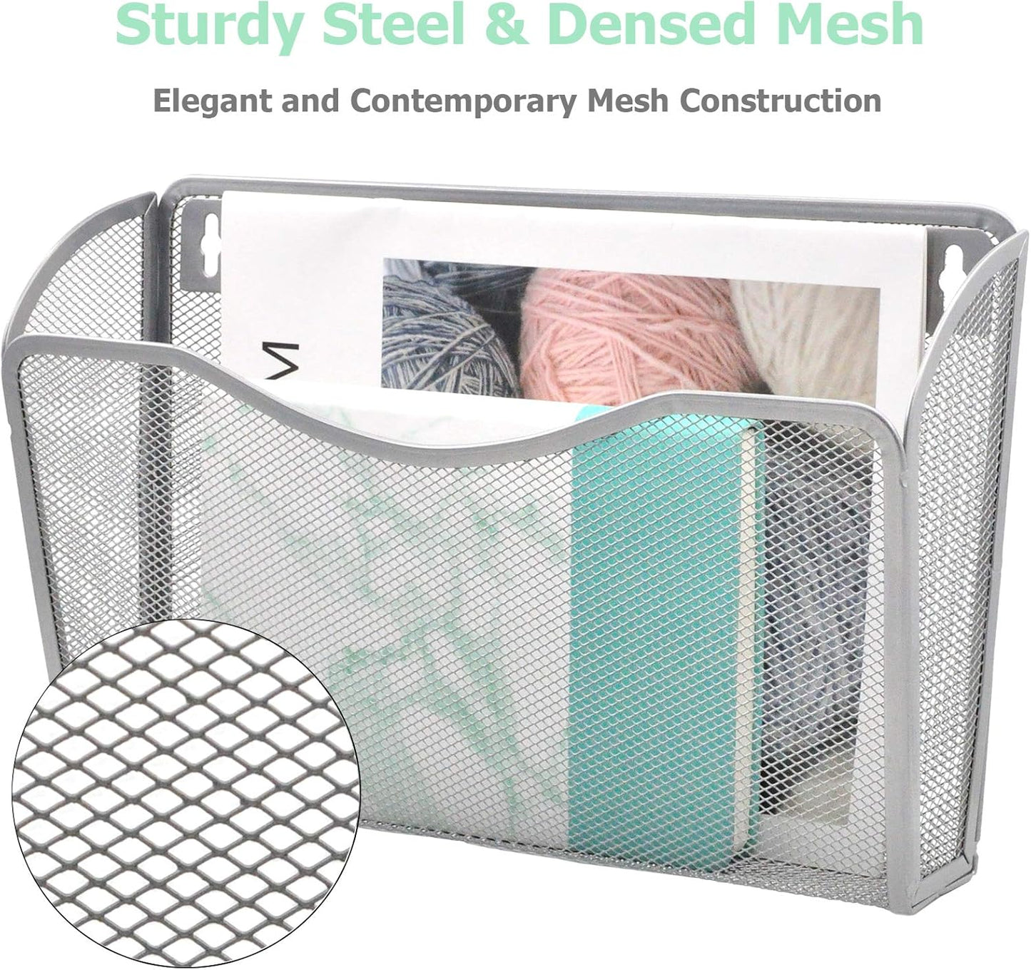 EASEPRES 6 Single Pocket Mesh Hanging File Organizer, Vertical Wall Mounted Magazine File Holder, Mount Basket Mail Paper Document Folder Organizing for Office, Home and School, Silver