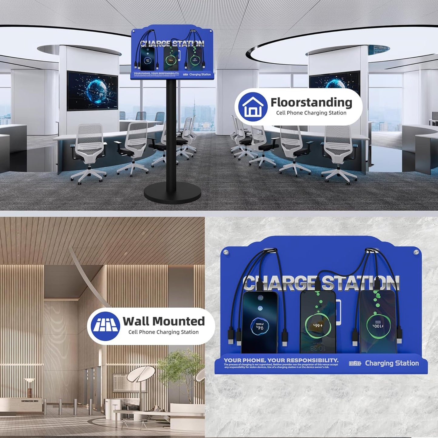 Floor Standing Cell Phone Charging Station with Fast Charigng Cables – 8 Device Charging Dock for Office, Hotel & Public Spaces | Compatible with iPhone ipad Smartphone Tablets Android Port (Blue)