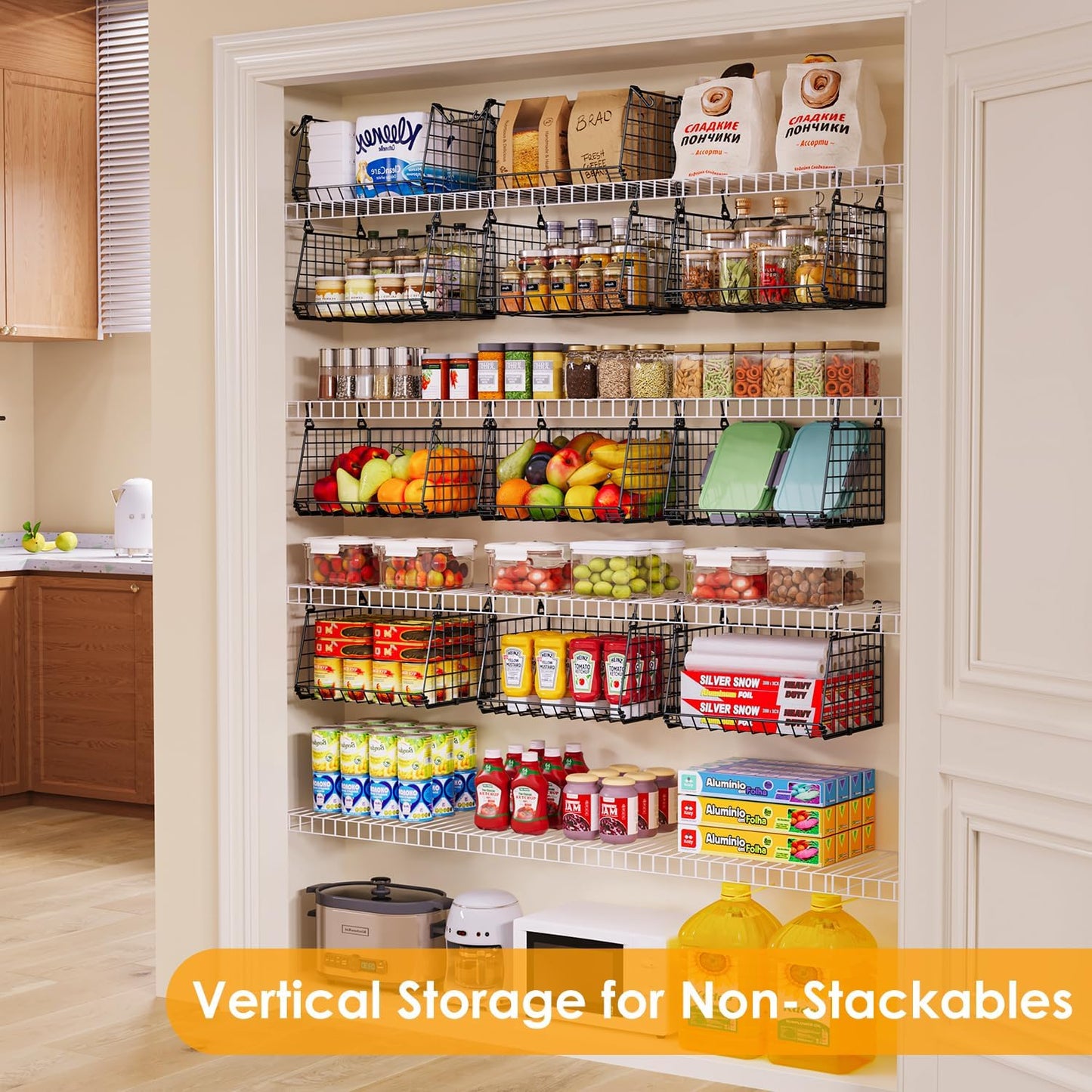 3-Pack Under Shelf Hanging Baskets - Space Saving Pantry Shelf Organizer with 360° Rotating Hooks for Kitchen Storage, Foldable Small Space Solutions for Pantry Organization, Black