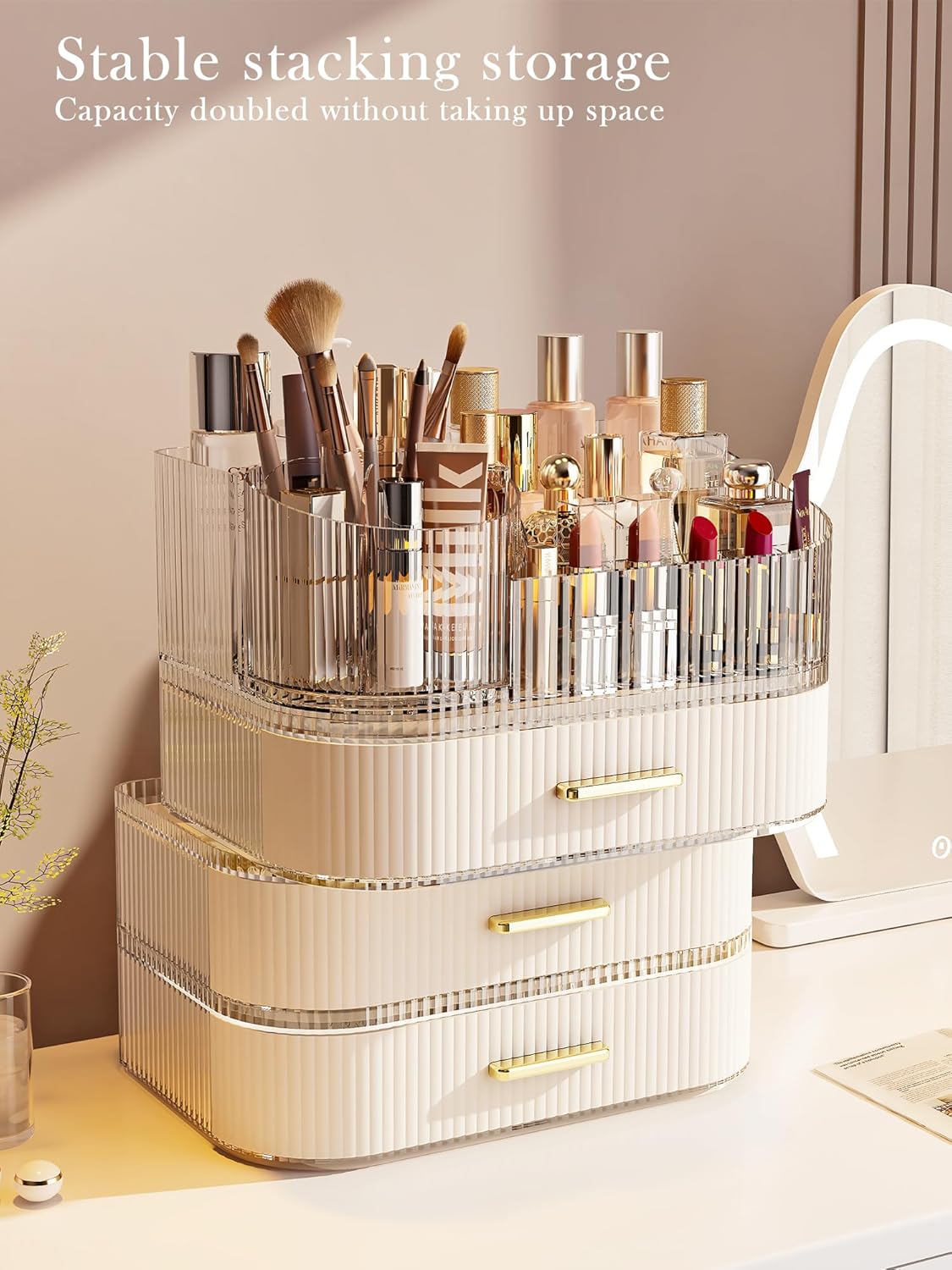 Makeup Organizer with Stackable Drawer, 360 Rotating Makeup Brush Holder, 11-inch Large Cosmetic Display Case, Skincare Organizers and Storage for Vanity, Bathroom Countertop (1 Tray + 2 Drawer)