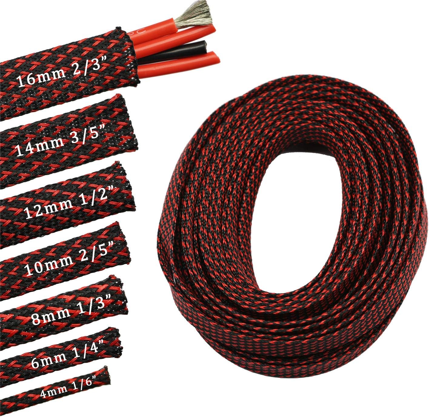 30ft PET Expandable Sleeving Wire Cable Sleeve (1/3", Red&Black)