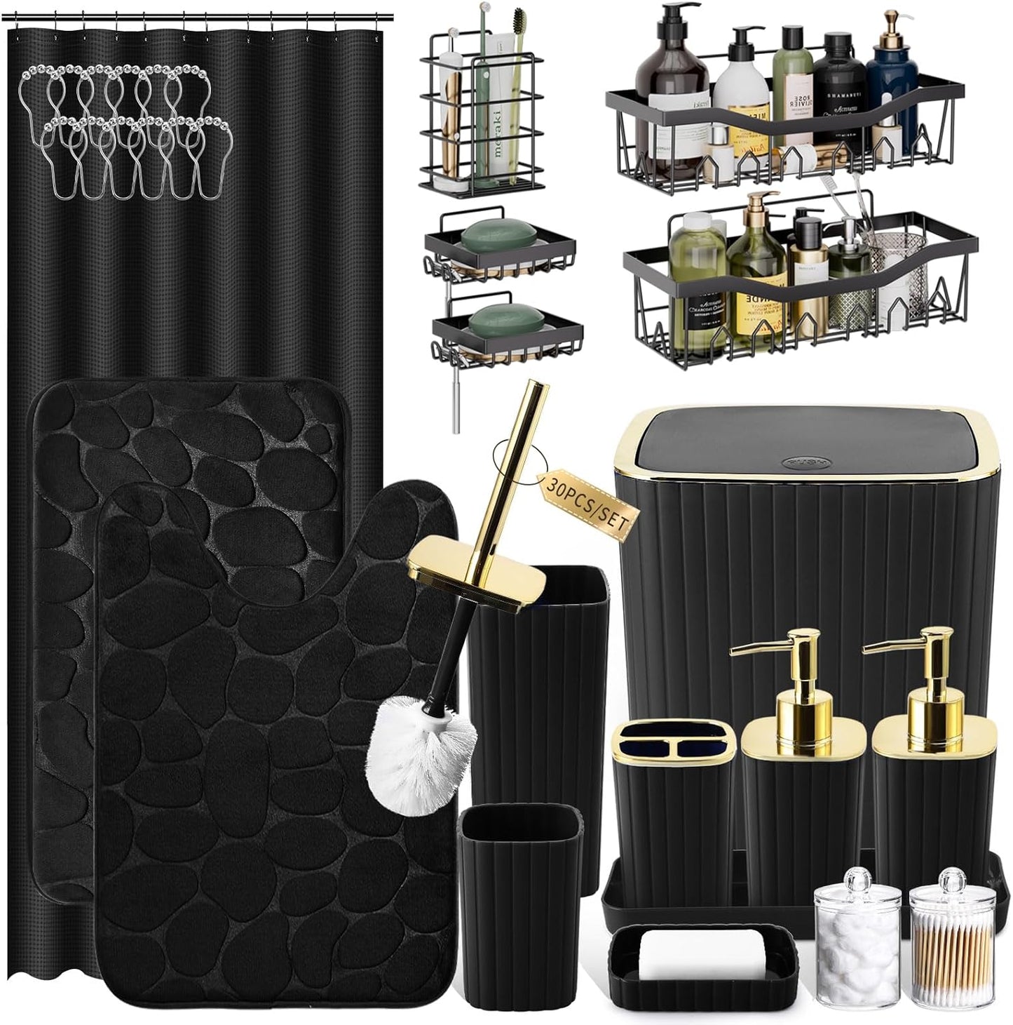 30PC Bathroom Accessories Set - Gorgeous Black Bathroom Set, Bathroom Accessory Set, Black Shower Curtain Set with Shower Caddies