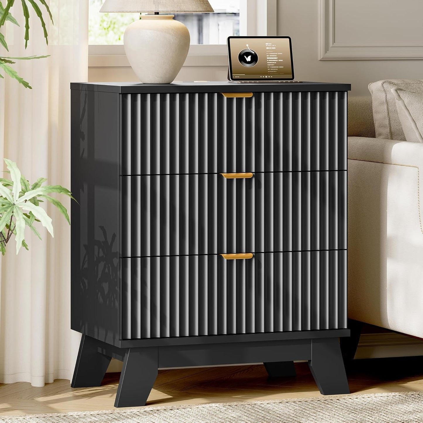 Fluted Nightstand with Charging Station, 24" Wide Bedside Table with 3 Large Storage Drawers, Modern Wood Side Table Night Stand, End Table Small Dresser for Bedroom, Living Room, Dorm, Black