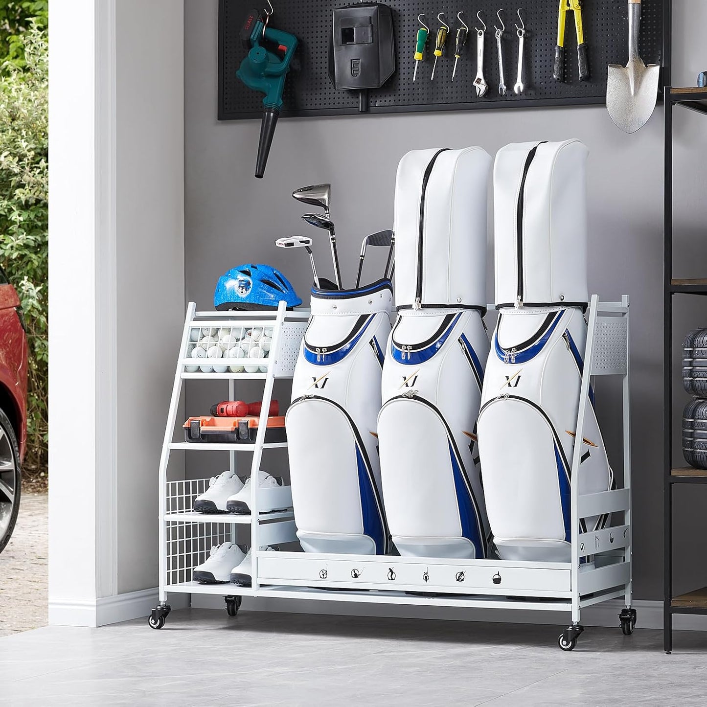 Lauren&Harold Golf Bag Organizer Garage Storage, Golf Storage Rack Stand Fits 2 Golf Bags, Golf Clubs and Other Golfing Equipment Accessories, Golf Organizer for Garage, Club, Shed, Basement