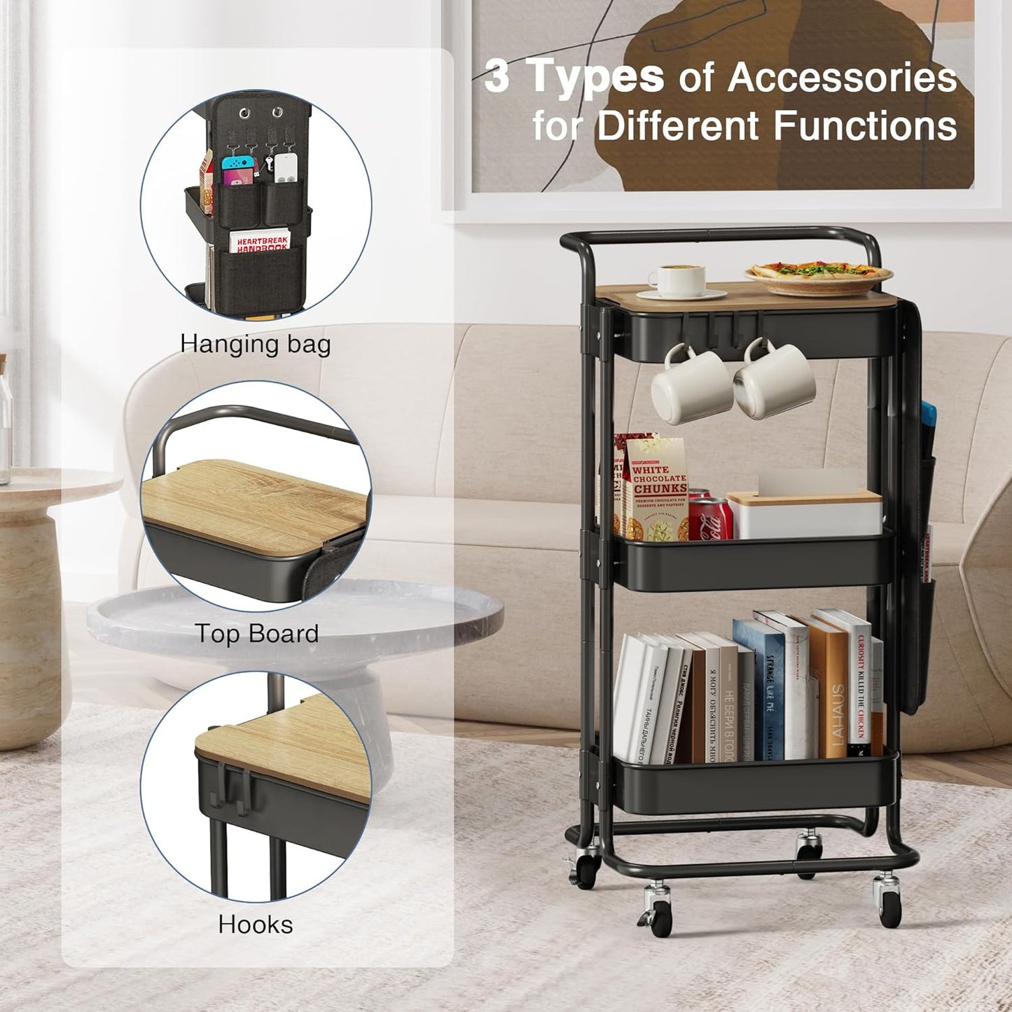 DTK 3 Tier Metal Utility Rolling Cart with Table Top and Side Bags, Tray Storage Organizer Wheels, Art Craft 4 Hooks for Kitchen Bathroom Office Living Room (Black)