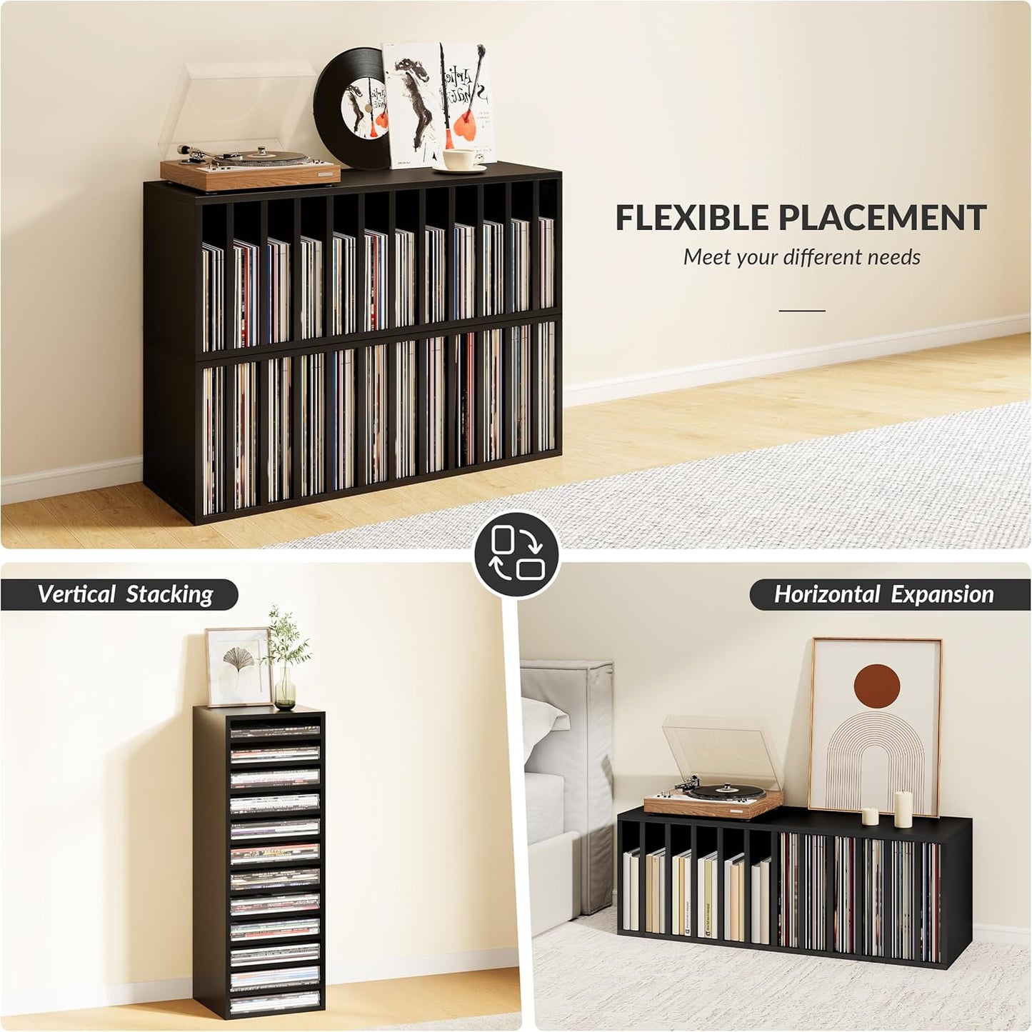 IOTXY DIY Modular Cube Bookcase - CubeXY Customizable Stackable Expandable Basic Shelving Units, 12-Cube Wooden Open Bookshelf with Removable Shelves for Vinyl Record Storage Organizer, Black