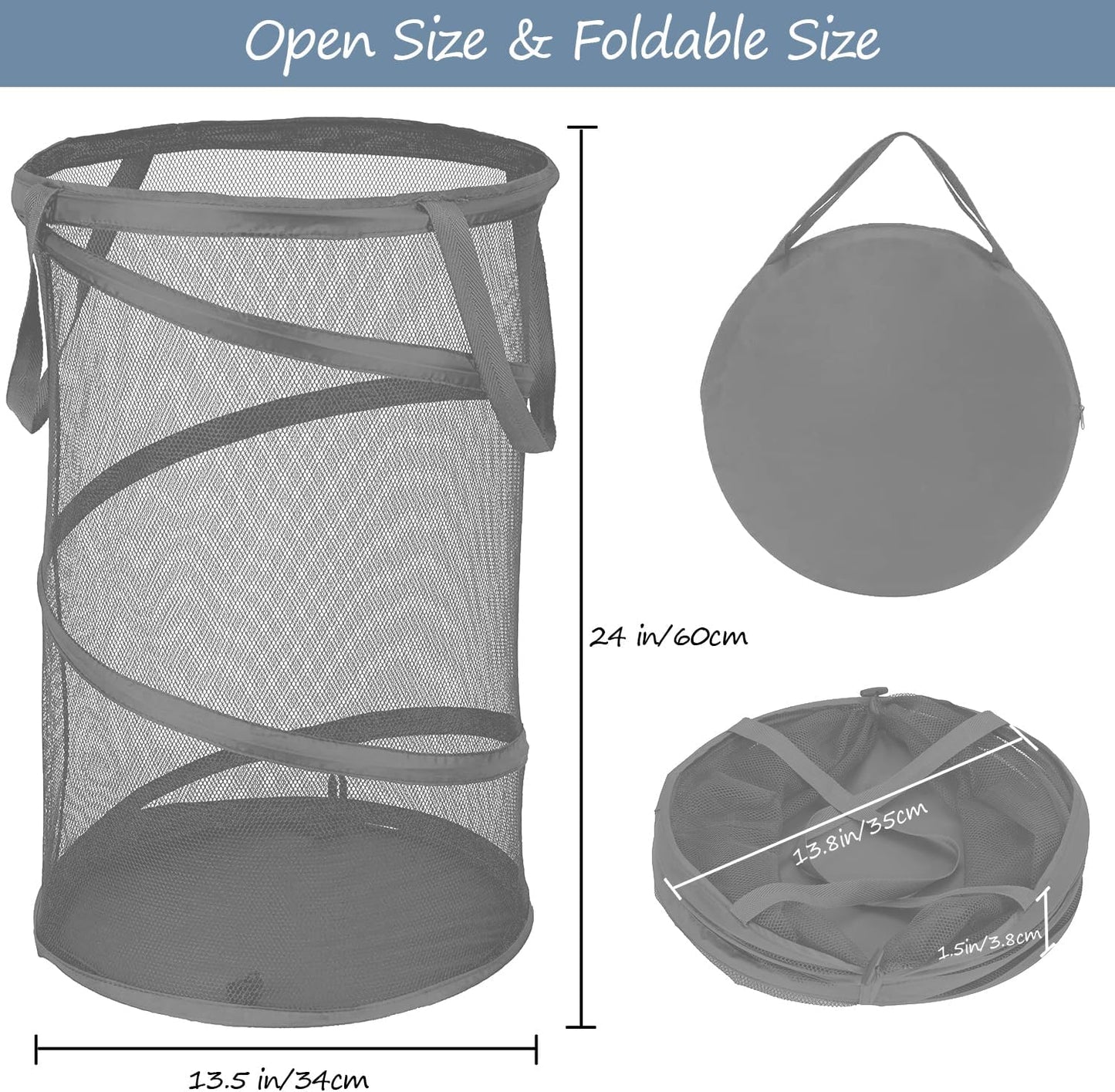 BATTOO Collapsible Laundry Baskets, Foldable Mesh Pop Up Hamper, Portable Laundry Basket Hamper with Handles for Laundry, Bathroom, Kids Room, College Dorm, Travel, Storage Organizer Grey