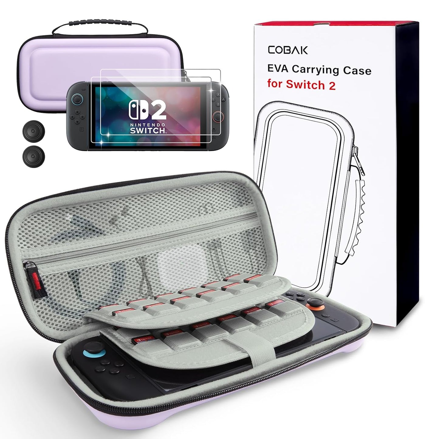 CoBak Large Capacity Carrying Case for Nintendo Switch 2 (2025) - 3 in 1 Accessories Bundle with 2 Screen Protectors, Thumb Grip Caps, 24 Game Cartridges, Hard Shell Portable Travel Pouch, Purple