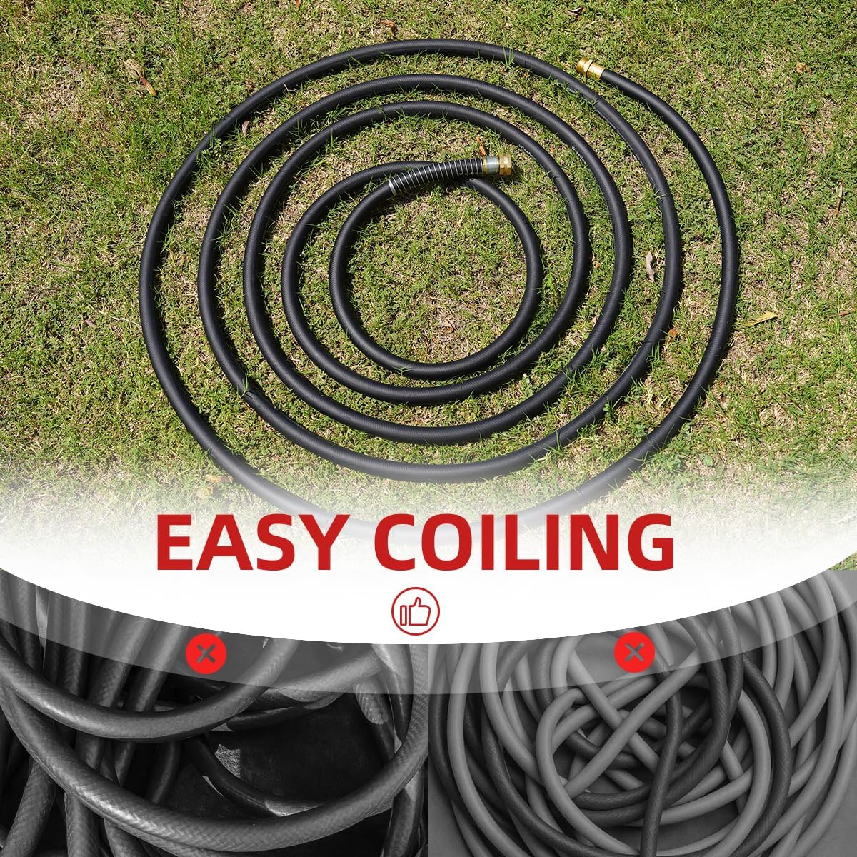 WiseFlow Garden Hose 25FT x 3/4", Heavy Duty Rubber Hose, Water Hose with Five Layered Braiding, Male Female Fittings, 1000PSI Burst, 300PSI Working (Black)