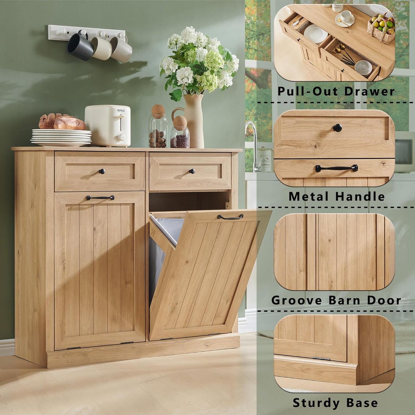 Double Tilt Out Trash Cabinet, 20 Gallon Farmhouse Laundry Hamper Cabinet with 2 Drawers, Hidden Wooden Trash Can Cabinets with Storage Basket for Kitchen, Living Room (Natural)