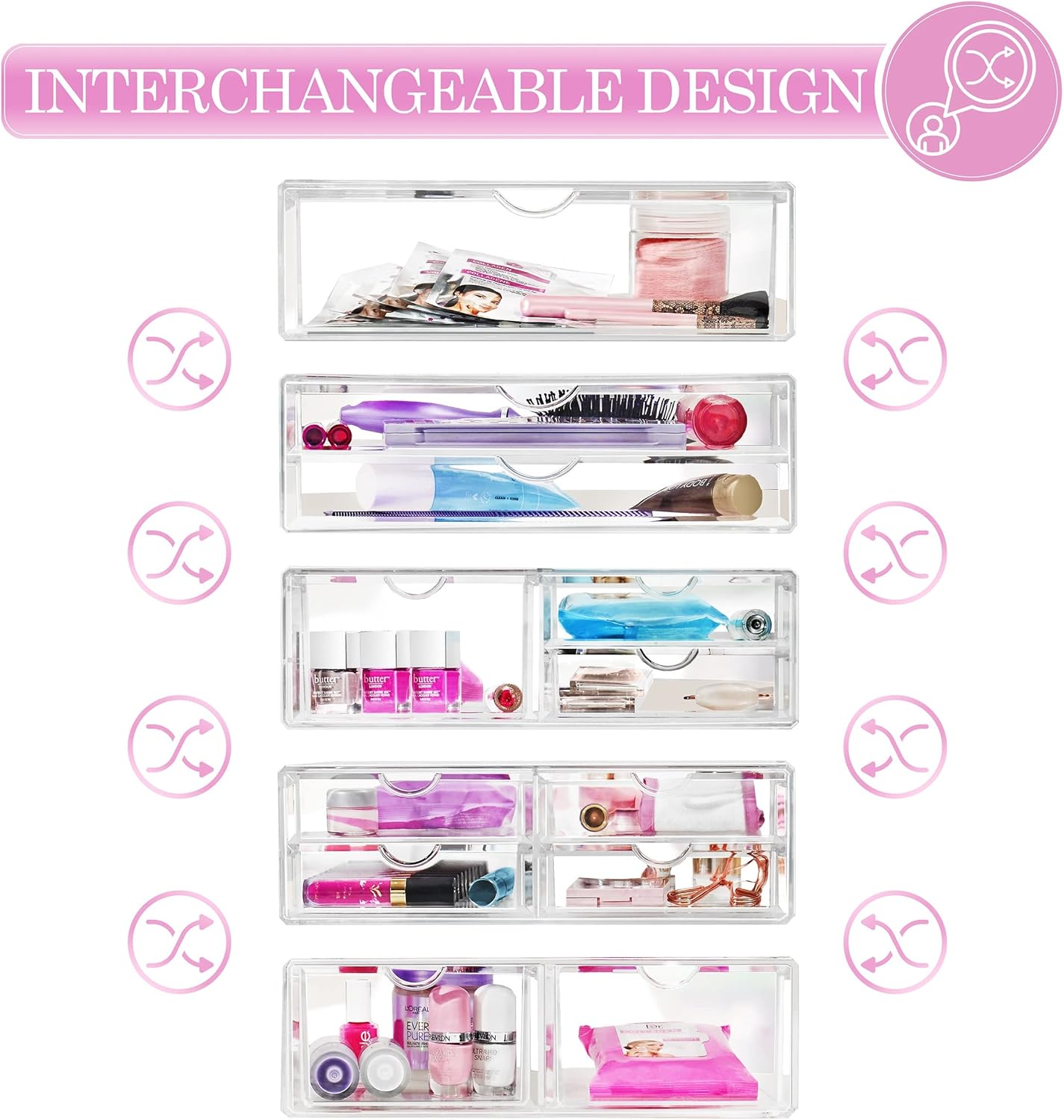 Sorbus Large Stackable Acrylic Drawers - 4 Clear Storage Drawers for Organizing Make up, Nail Polish, Hair Accessories, and Beauty Supplies - Makeup Organizer for Vanity, Bathroom Organizer Countertop