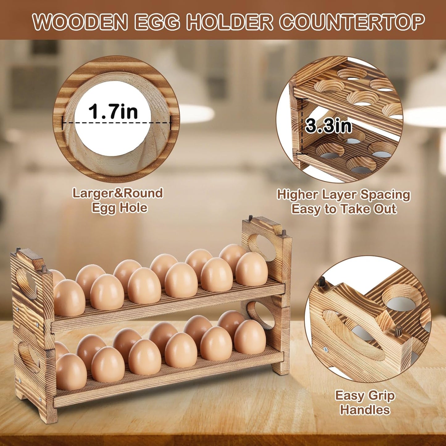 Wooden Egg Holder Countertop, Stackable Wooden Egg Storage & Organizer, 2-Tier /24-Hole Farmhouse Eggs Rack Wood with Handle for Fresh Eggs to Store Chicken/Duck/Quail/Turkey/Easter Egg