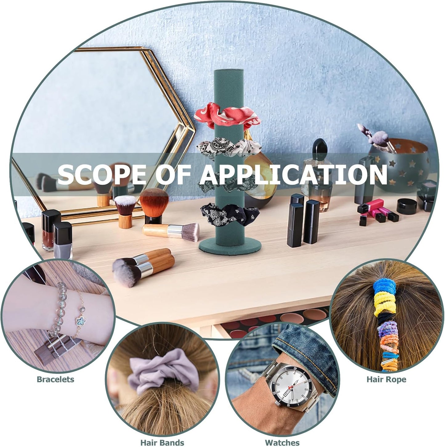 Velvet Vertical Hair Tie Organizer Tower Scrunchie Display Stand for Hair Bands and Jewelry Storage Band Holder Rack for Women Dark Green
