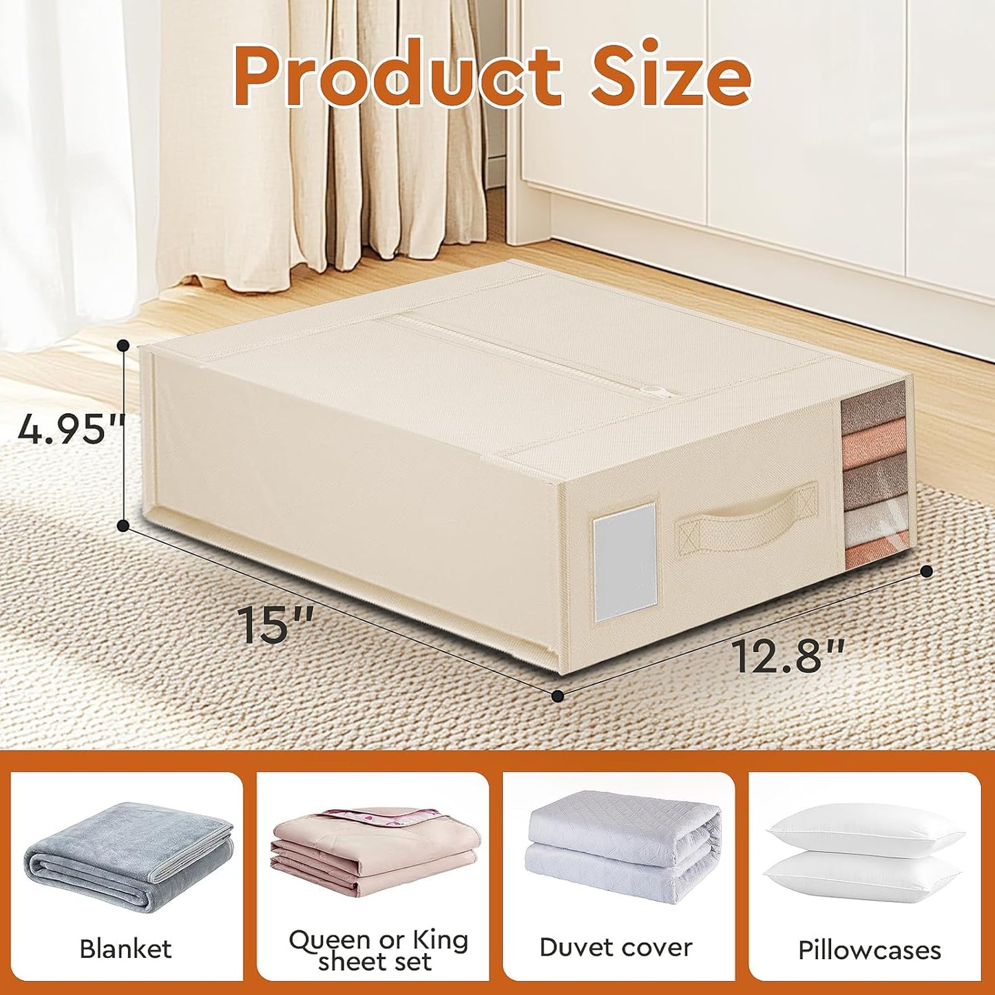 2 Pack Bed Sheet Closet Organizers and Storage,Sturdy Foldable Storage Containers with Window and Label,Storage and Organization for Bedding Sheets,Duvet Covers,Blankets (Beige)