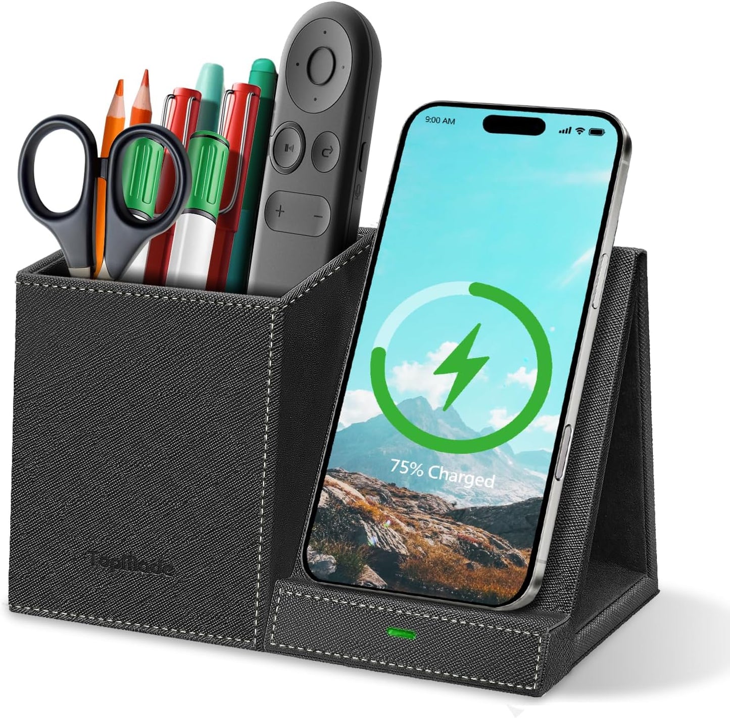 TopMade Wireless Charger with Pen Pencil Holder, Leather Mltifunctional Desk Nightstand Organizer, Fast Charging Station Remote Control Holder, Office Supplies Desk Accessories, Gifts for Men(Black)