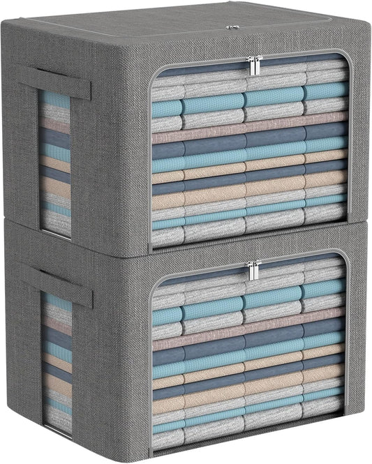 CYhom Extra Large Clothes Storage Bins - Linen Fabric Foldable Stackable Container Organizer Set with Clear Window & Carry Handles & Metal Frame (Dark Gray, Extra Large-100L)