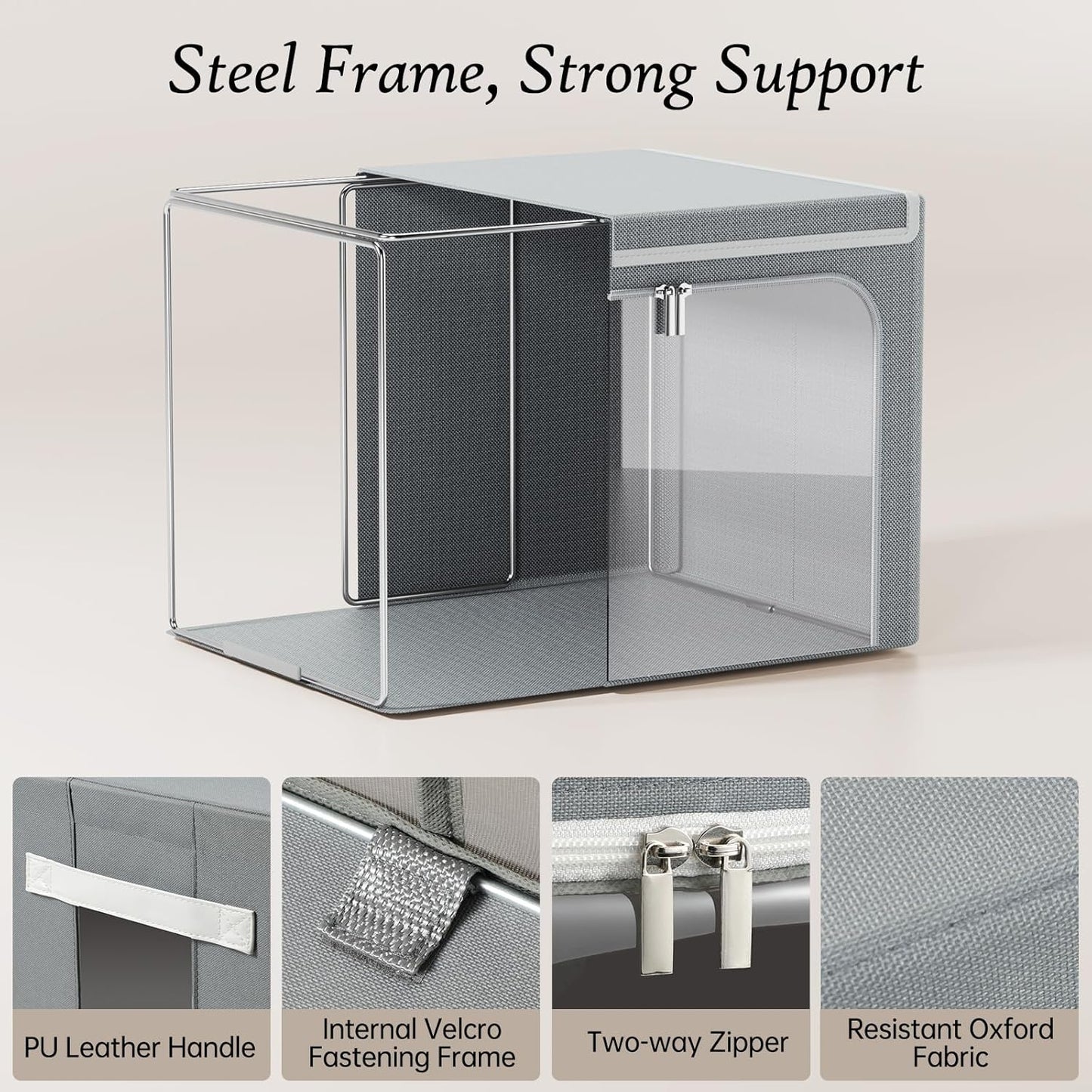 Yecaye Clothes Storage Bins with Metal Frame, Foldable Clothing Storage Bin with Lid, Stackable Oxford Fabric Organizer Box With Clear Window & Zippers & PU Leather Handles (3 Pack,Grey,66L)