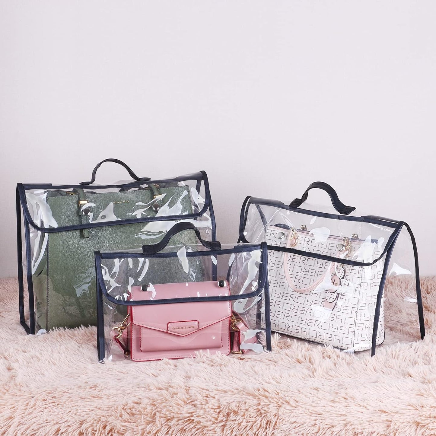 Univivi 6 Pack Dust Bags For Purses and Handbags,Clear Dust Covers Bag Organizer Closet Organizer System,Bedroom Handbag Organizer, With Magnet Button & Leather Handle (3 Size)
