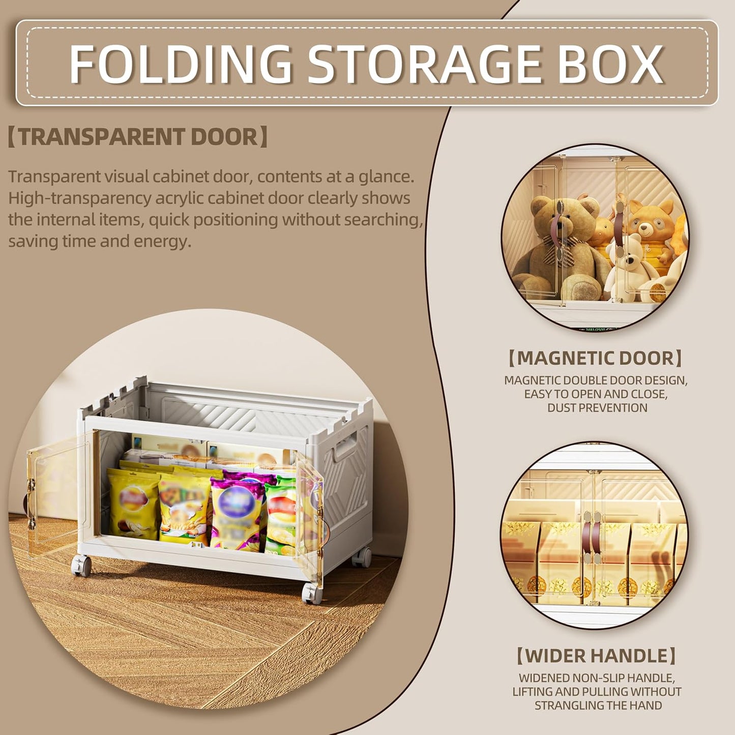 84 QT / 21 Gal Magnetic Door Storage Bins Collapsible Stackable w/1 Lid, Heavy Duty Plastic Cabinet with Wheels for Home Office Organization (White)