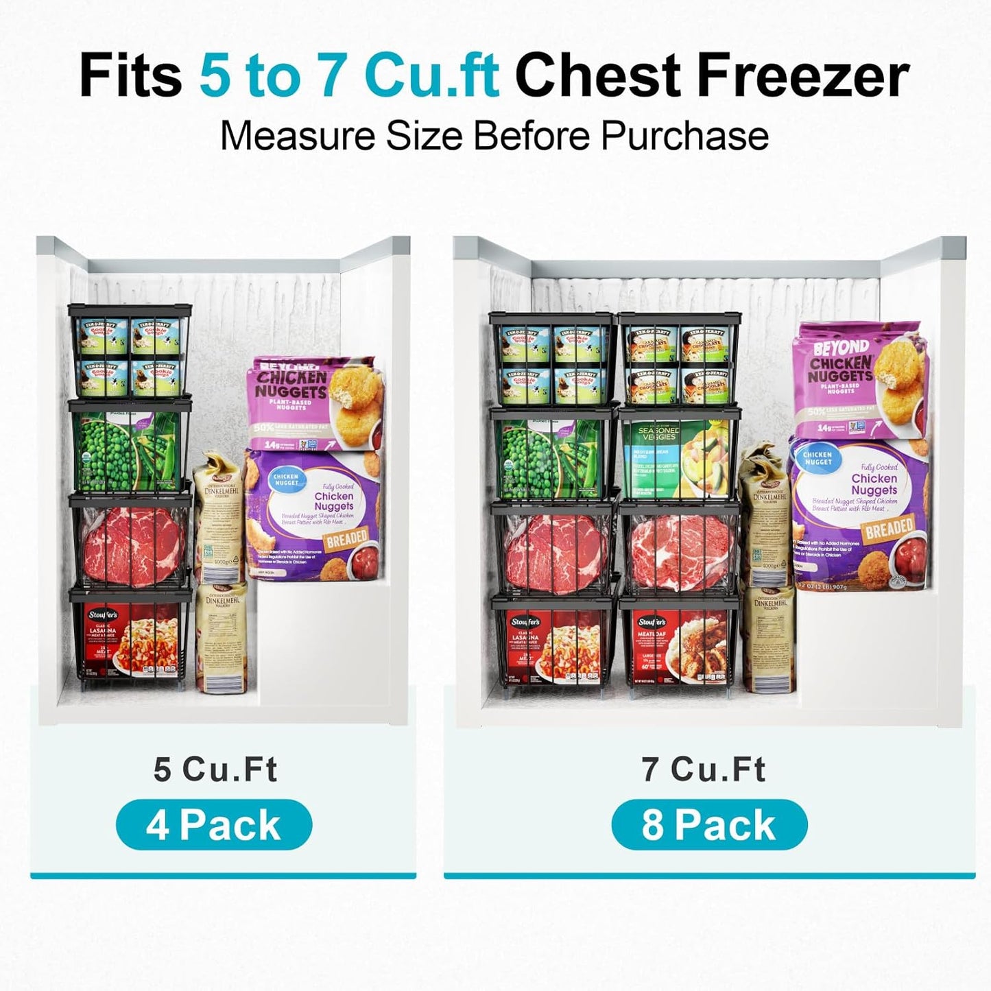 iSPECLE Deep Freezer Organizer Bins - 6 Pack Stackable Freezer Organizer Bins for 7 Cu.FT Chest Freezer Sort Food, Easy to Get Food from Bottom, Better Ventilation, Black