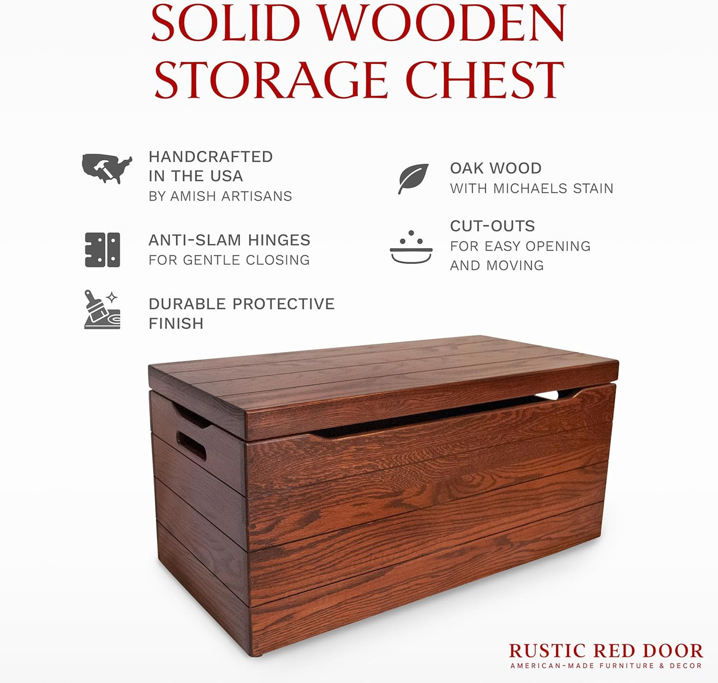 Amish Made Wooden Storage Chest Trunk Box with Lid and Handles for Bedroolanket, Clothes, Anti-Slam Hinges, Handmade, Rustic, Oak Wood, Michaels Stain, 30"