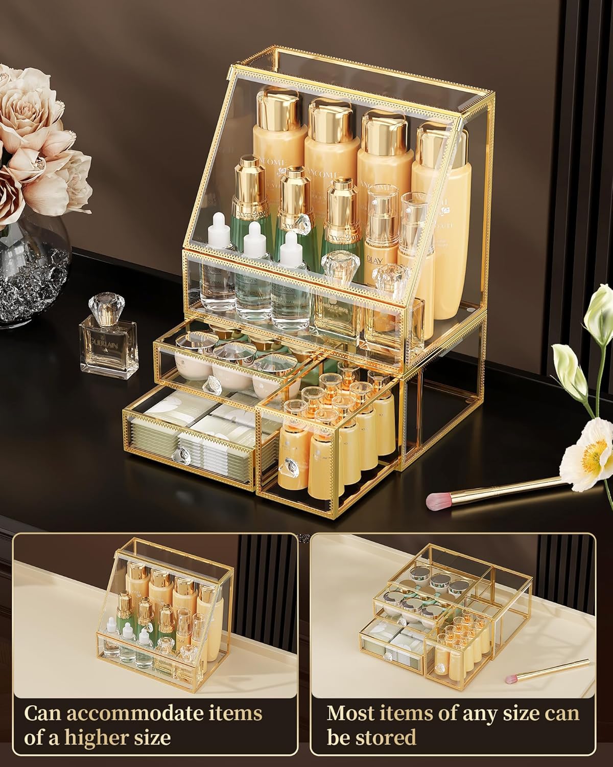 Makeup Organizer for Vanity, Clear Makeup Organizer with Drawer, Skincare Holder for Bathroom Countertop,Cosmetic Display Case for Dresser