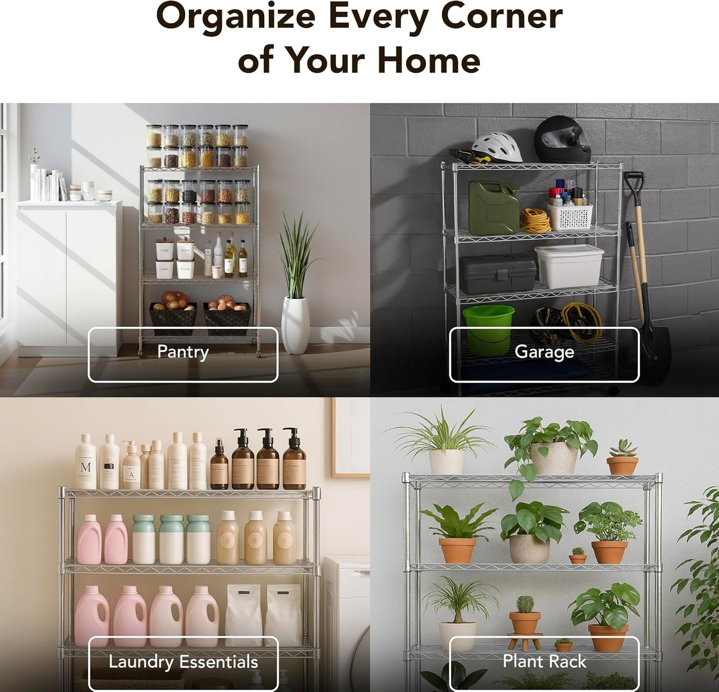Heavy Duty 4 Tier Wire Shelving Unit Storage Rack, Metal Shelves Utility Organizers, Organization Units for Products, Plant, Pantry, Garage, Laundry Durable Shelf Stand, Chrome, 14"W x 30"L X 48"H