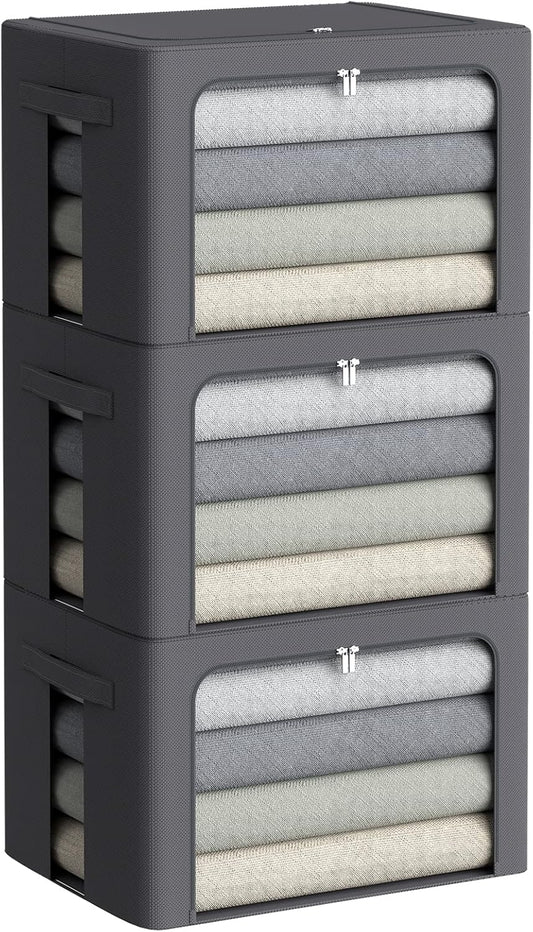 CYhom 3Pack Stackable Clothes Storage Bins - Oxford Frame Storage Box Foldable Clothing Storage Container Organizer Set with Clear Window & Carry Handles Large Capacity (Dark Gray, Large-66L)