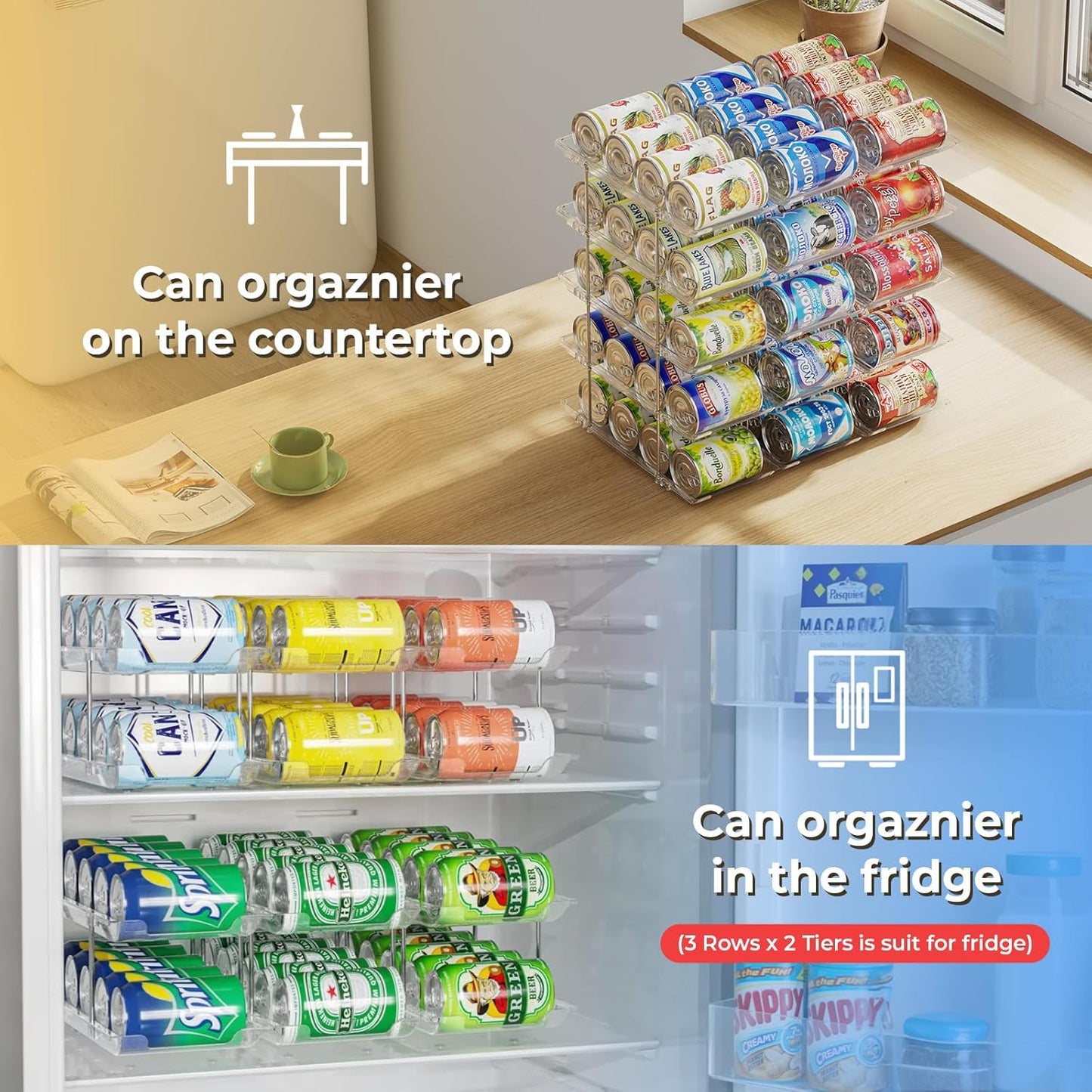 Stackable 5 Tiers Can Organizer Pantry, Canned Food Holder for Fridge Holds 60 Cans, Free Combination & Automatic Rolling, Space Saving Storage for Refrigerator Kitchen Pantry, Clear