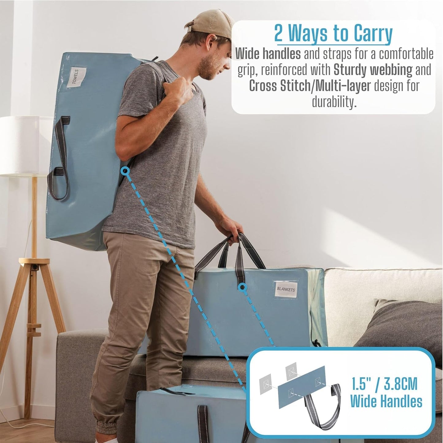 VENO 2 Pack Moving Bags w/Backpack Straps, Heavy Duty, Moving Boxes Alternative, Packing Supplies, Large Storage Totes for Dorm Room Essentials with Zipper for Clothes (Shiny Light Blue, 2 Pack)