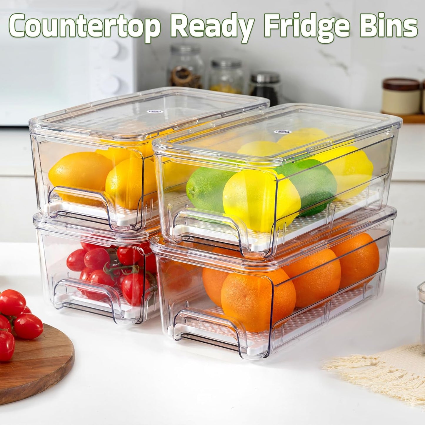 Large Fridge Organizer Drawers, 4 Pack Stackable Fruit and Vegetable Storage Containers, Clear Pull-Out Refrigerator Organizer Bins for Kitchen, Refrigerator, Pantry, Cabinet, Freezer