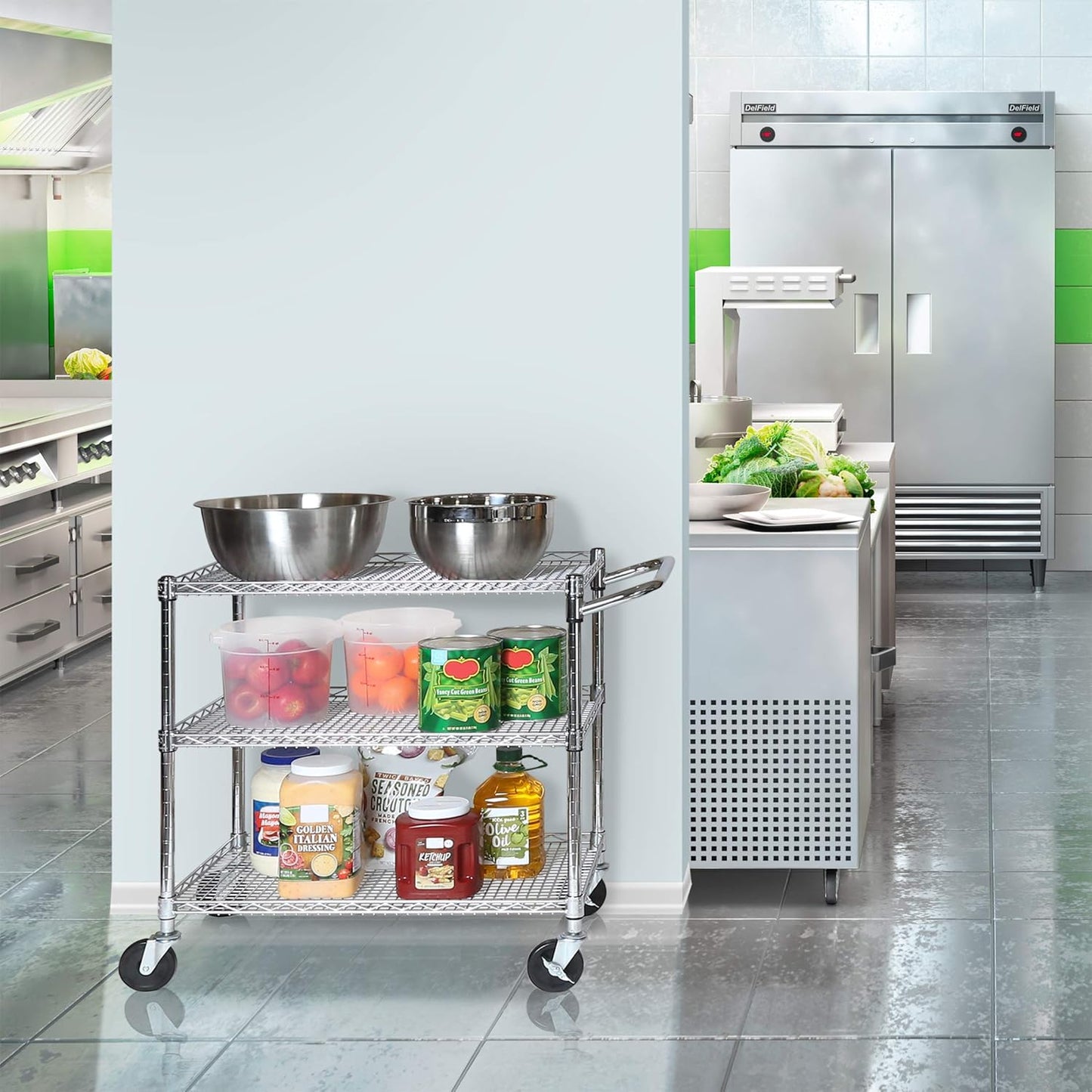 Seville Classics 3-Tier UltraDurable Commercial-Grade NSF-Certifed Service Utility Storage Cart, 34" W, Chrome (1 Pallet of 34 Packs)