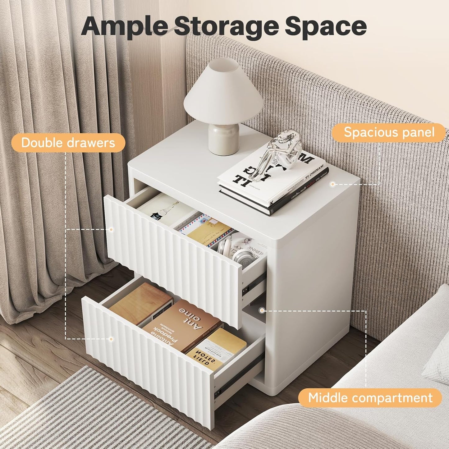 Dripex Fluted Nightstand with 2 Drawers, Large Wide Wood Night Stand Bedside Tables for Bedroom, Mid-Century Modern Storage Bed Side Table, End Tables for Living Room Sofa Couch, White, Set of 2