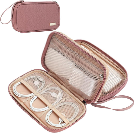 NISHEL Travel Cord Organizer Case, Double Layers Tech Electronic Case, Travel Essentials for Charger, Cable, Phone, Flash drive, Medium, Rose-wood Pink