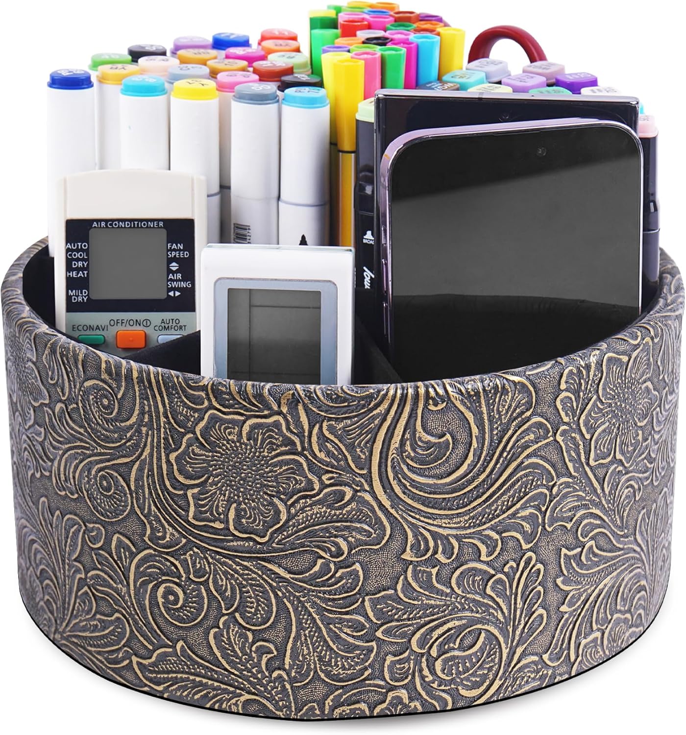 lizimandu Remote Control Holder, 360°Spinning PU Leather Desk TV Remote Caddy,Desk Storage Box Room Accessories for Controller, Media,Mail,Calculator, Mobile Phone,Pencil(1B-Carved Cooper Gold)