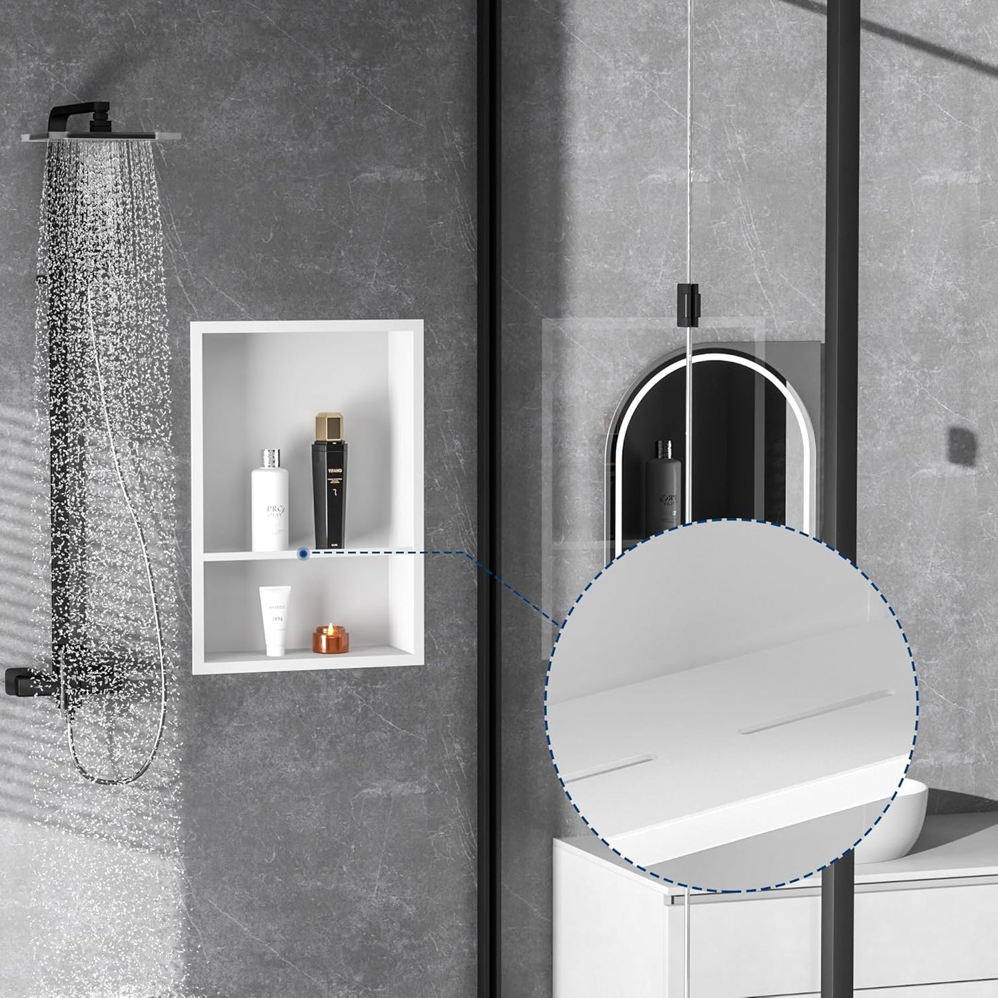 Stainless Steel Shower Niche 18" X 12", No Tile Needed Wall Niche Double Shelves, Recessed Shower Shelf for Bathroom Storage, Matte White