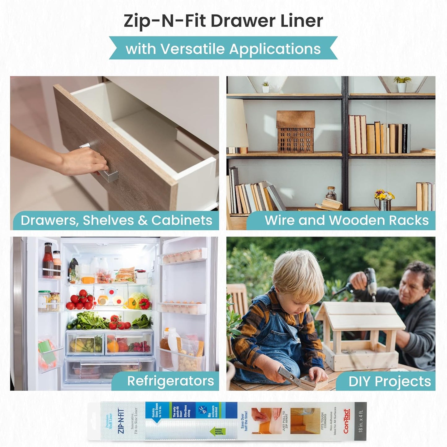 Con-Tact Brand Adhesive Zip-N-Fit Solid Grip Drawer 18" x 4', Ribbed Clear, 6 Count