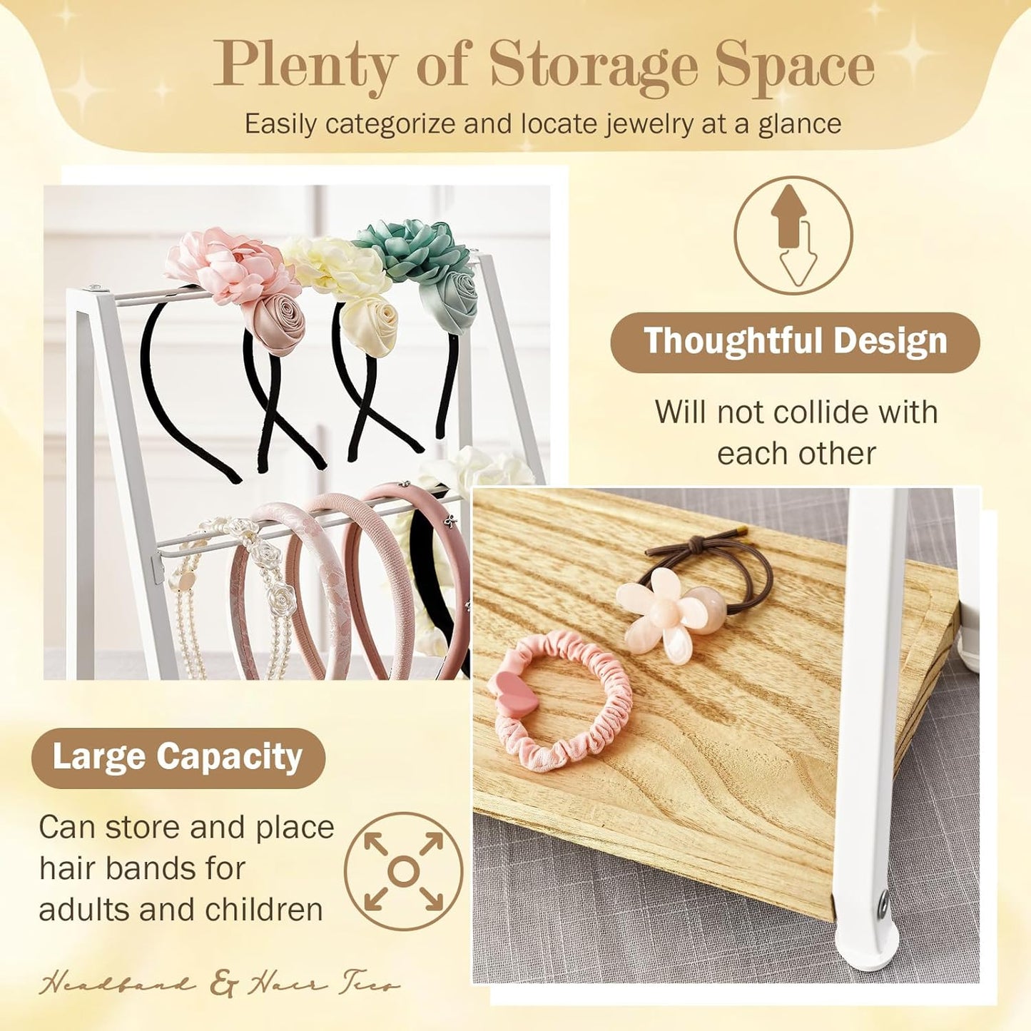 Headband Holder Organizer Metal 2-Tier Display Stand for Selling, Home Bedroom Headband Storage for Girls Women, Headband Stand Wood Base Can Store Hair Ties, White