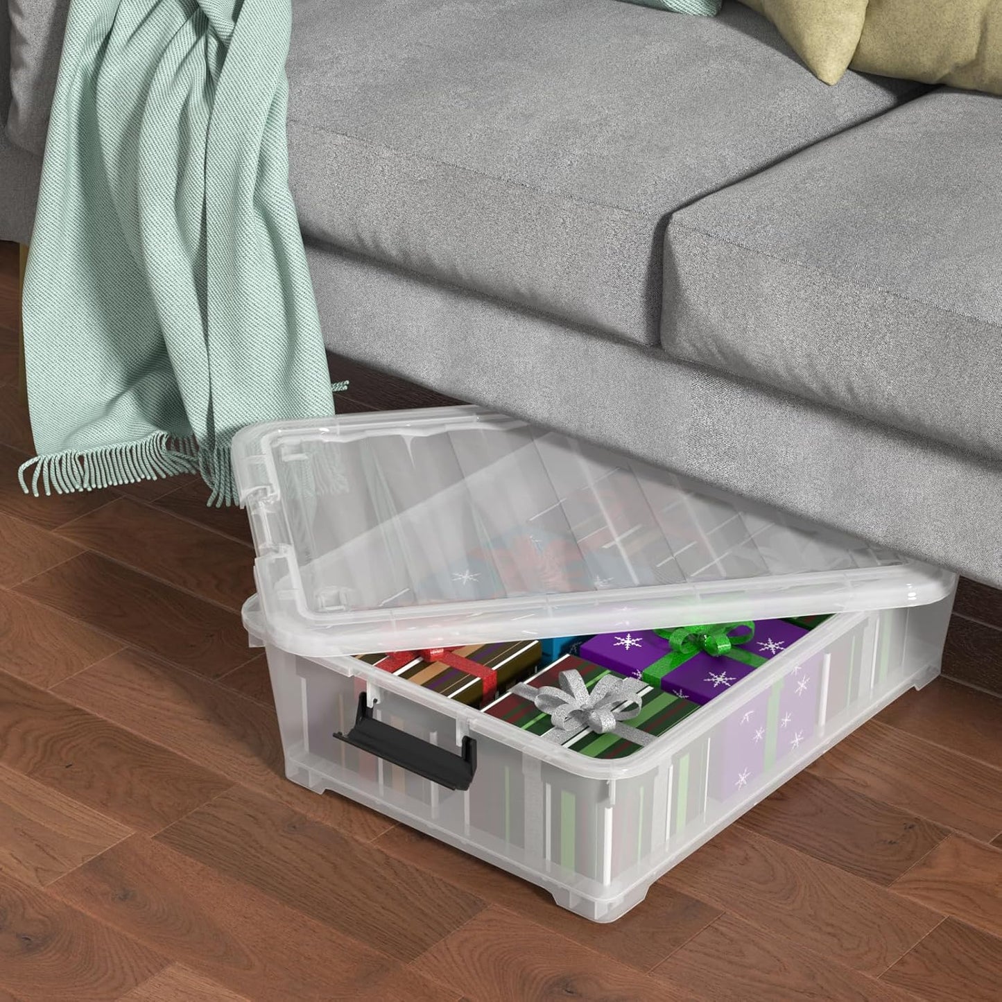 25 Quart Clear Underbed Storage Bins with Wheels, Stackable Plastic Latching Bin with Lid, 4 Packs