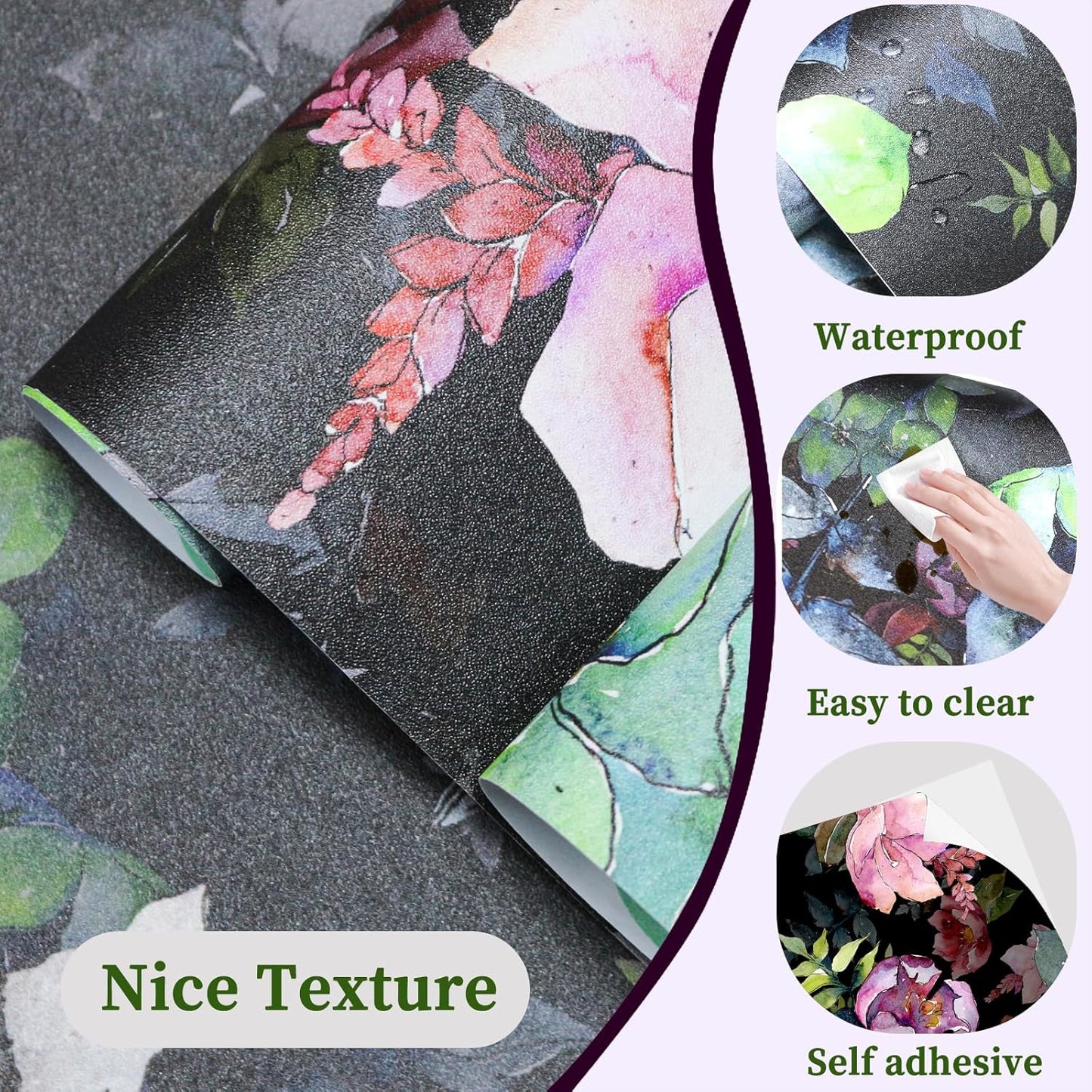 HAOKHOME Floral Shelf Liner and Cabinet Liner, Self-Adhesive Drawer Liners, Peel and Stick Contact Paper Liner Kitchen Cabinets and Cupboard, Bathroom Drawers,Black/Green/Pink 17.3in x 6.5ft