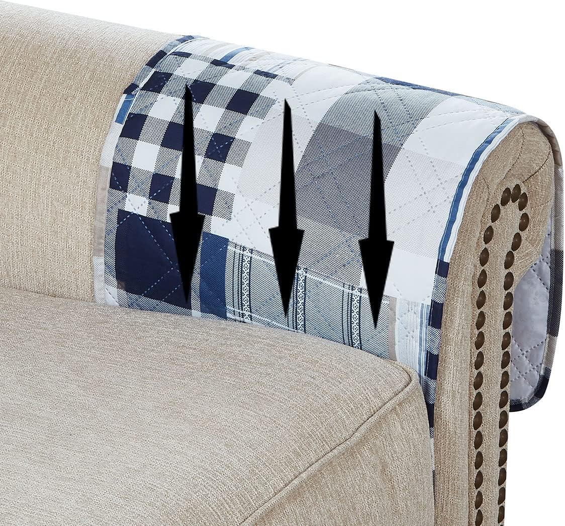 Brilliant Sunshine Multi Blue Plaids and Stripes Patchwork Sofa Armrest 5 Pockets Organizer, Slip Resistant Armchair Caddy, Washable Remote Controls Holder, Storage for Magazine, Tablet, 35×13", Blue