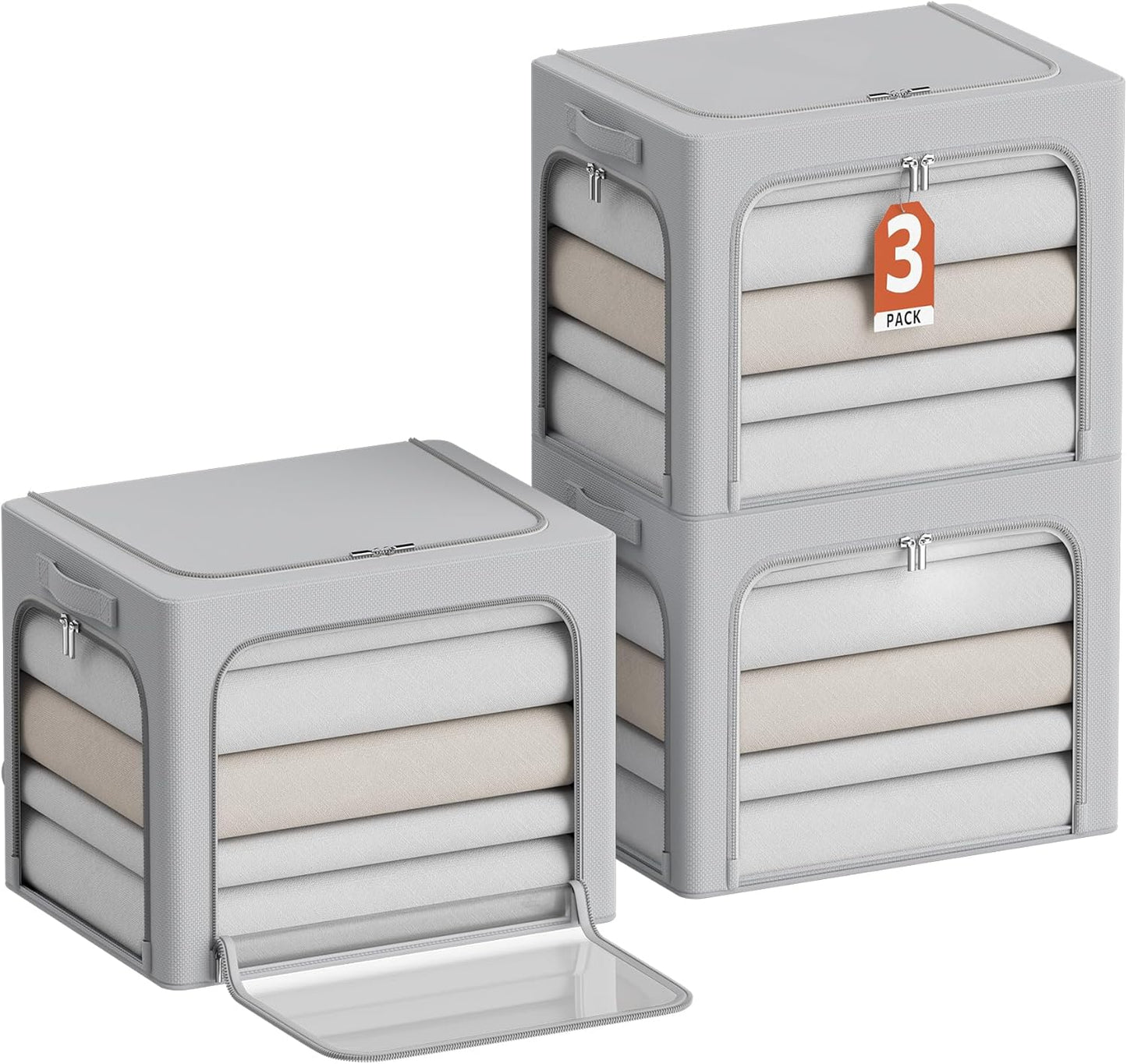 CYhom 3Pack Clothes Storage Bins - Oxford Frame Storage Box Foldable Stackable Storage Organizer with 3 Openings Design, Metal Frame, Clear Window, Carry Handles (36L-15.7 * 11.8 * 11.8in, Grey)