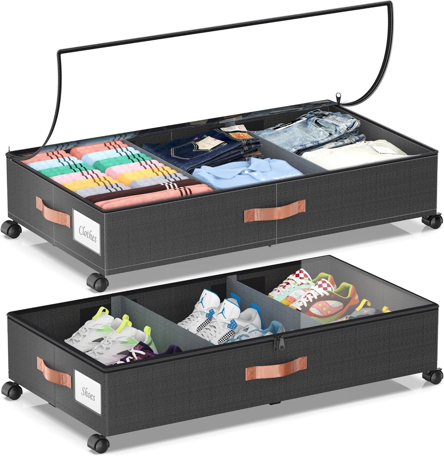 Under Bed Storage with Wheels, 2 Pack Under Bed Storage Containers with Dividers & Clear Lids, Under the bed storage Organizer Bins,Underbed Storage with Wheels for Clothes,Toys,Shoes (Black, 2 Pack)
