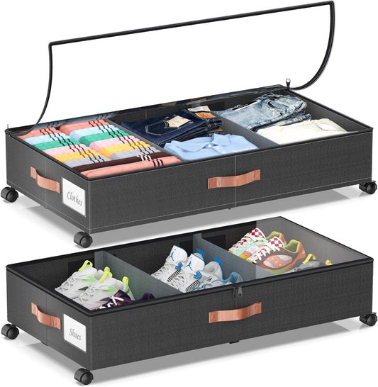 Under Bed Storage with Wheels, 2 Pack Under Bed Storage Containers with Dividers & Clear Lids, Under the bed storage Organizer Bins,Underbed Storage with Wheels for Clothes,Toys,Shoes (Black, 2 Pack)